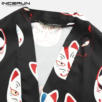 2021 Mados Vyrų Marškinėliai Spausdinami Japonų Kimono 3/4 Rankovės Atidaryti Mezgimo Megztinis Streetwear Atsitiktinis Vyrų Viršūnes Harajuku S-5XL INCERUN