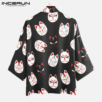 2021 Mados Vyrų Marškinėliai Spausdinami Japonų Kimono 3/4 Rankovės Atidaryti Mezgimo Megztinis Streetwear Atsitiktinis Vyrų Viršūnes Harajuku S-5XL INCERUN