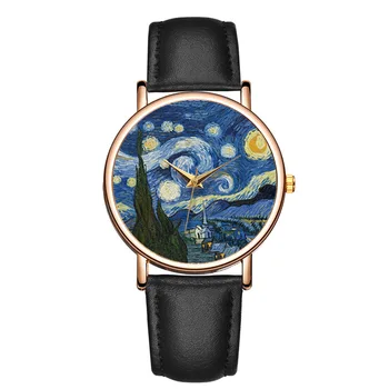 2021 Moterų Laikrodžiai Mados Van Gogho Žvaigždėtas Dangus Kvarco Odos Žiūrėti, Moterų, Vyrų, Rankiniai laikrodžiai Lady Dovana Moters Laikrodis Reloj Mujer