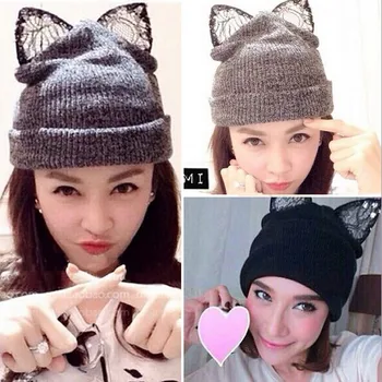 2021 NAUJA Rudens ir žiemos mados prekės ženklo mezgimo Šiltas katė vilnos skrybėlę kepuraitė skullie su brangakmenių nėrinių blogio ausies priedai