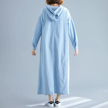 #2464 Pavasarį, Rudenį Gobtuvu Suknelė Moterų Plius Dydis Prarasti Ilgai Derliaus Mėlyna Džinsinio audinio Suknelė ilgomis Rankovėmis Ponios Suknelės Kulkšnies ilgis