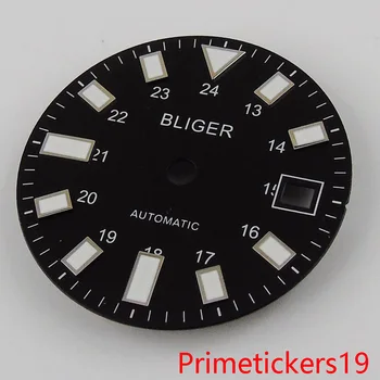 28,5 mm BLIGER juoda/balta watch dial tinka mingzhu 2183 miyota 8215 automatinis judėjimo su data langą