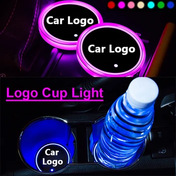 2VNT Automobilio Logotipas spalvotu LED Vandens Puodelį Kilimėlis Žibintai Sėdynių Apdaila, Priedai Dodge Ford Honda Hyundai Jeep Kia Apdailos Lempos