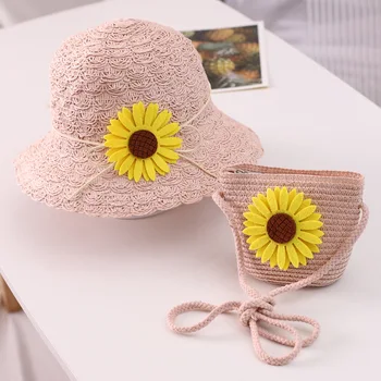2vnt Baby Sun Flower Vasaros Skrybėlę Šiaudų Skrybėlę Su Rankinukas Vaikams Berniukas Mergaičių Skydelis nuo Saulės UV apsauga panamos Skrybėlė gorras