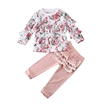 2VNT Bamblys Baby Girl Rudenį Rinkiniai Drabužius ilgomis Rankovėmis Gėlių Spausdinti Viršūnės T-Shirt Pynimas Kelnės Vaikams, Komplektai, Clothings Sunsuits