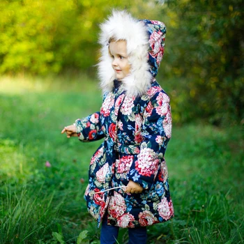 3-11 Metų amžiaus mergaičių žiemos paltai dizaino medvilnės vaikiška striukė gėlių modelio aksomo storo kailio apykakle žiemos drabužių Mažesnės 1 dydžiu
