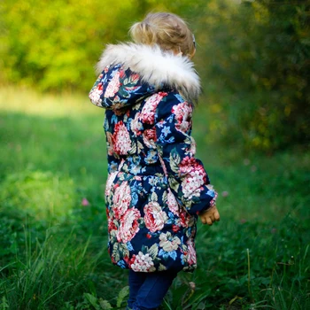 3-11 Metų amžiaus mergaičių žiemos paltai dizaino medvilnės vaikiška striukė gėlių modelio aksomo storo kailio apykakle žiemos drabužių Mažesnės 1 dydžiu