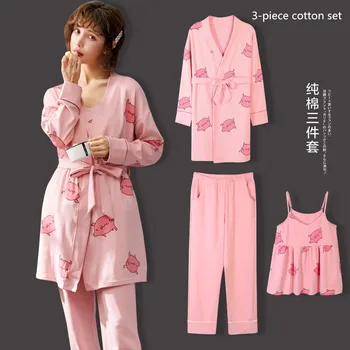 3 dalių Kostiumą Rožinė Piggy Mergaičių naktiniai marškiniai, pižamos Rudenį ilgomis rankovėmis Grynos Medvilnės Plonas Skirsnio Namų Paslauga Pižamą Moterų Diržas Krūtinės Mygtukai