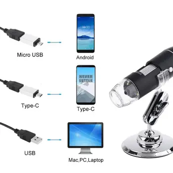 3-in-1 1600X USB Mikroskopą, OSX Windows PC Tipo C Micro-USB mobiliojo Telefono didinamasis stiklas 875F