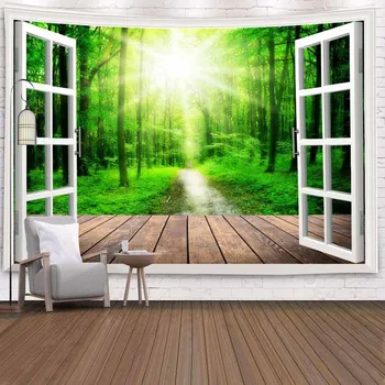 3D Lango Žalią Medį Miško Gobelenas Sienos Kabo Saulės Sienos Audiniai Gobelenai Hipių Dekoro Siena Antklodė Psichodelinio Gobelenas