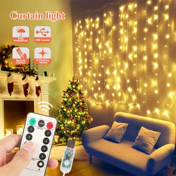 3M LED pasakų žibintai girliandą užuolaidų lempos Nuotolinio valdymo pultas USB string žibintai namų miegamojo langą, naujieji Metai, Kalėdiniai papuošalai