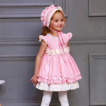 3PCS 1-7Y Baby Girl Vasarą, Rudenį, Pink Gėlių Nėrinių Princesė Lolita Derliaus ispanijos Suknelė Vaikų Vestuvių, Gimtadienio Drabužiai