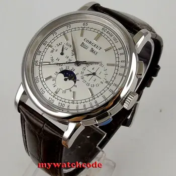 42mm CORGEUT Baltoji ryšys Prabangių Vyrų Laikrodžiai Automatinė Metų Diena, Mėnulio Fazė Daugiafunkcį Mens Mechaninis Laikrodis