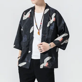 #4336 Mens Kimono Marškinėliai Kinų Stiliaus Spausdinti Vintage Megztinis Atsitiktinis Juoda Balta Mens Marškinėliai Retro Plus Size 5XL Vasaros 2020 m.