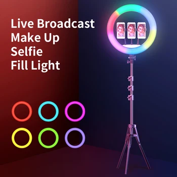 45cm 18inch Vaivorykštė RGB Šviesos Žiedas Selfie Lempa Su Profissional Trikojis Stovas Telefono Įrašą Turėtojas Gyventi Pritemdomi Fotografijos Žibintai