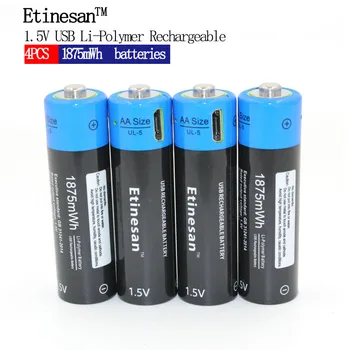 4pcs/daug Etinesan 1,5 V AA 1875mWh ličio polimerų įkraunamą ličio li-ion baterija