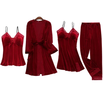 4pcs/daug Moterų Pižama Rinkiniai Aksomo Mantija Nustatyti Šiltą Pižamą Sleepwear Nightdress Stropai+Kelnės Rudens Žiemos Homewear #F
