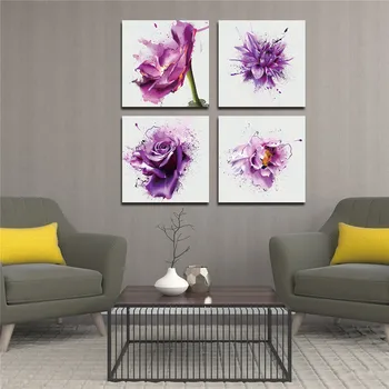 4Pcs/set Nauja Violetinė Gėlė Sienos Meno Tapybos Spausdina Ant Drobės Abstrakčių Gėlių Venų Drobės Sienų Tapyba Nuotraukos