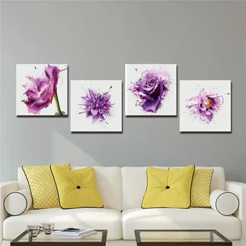 4Pcs/set Nauja Violetinė Gėlė Sienos Meno Tapybos Spausdina Ant Drobės Abstrakčių Gėlių Venų Drobės Sienų Tapyba Nuotraukos