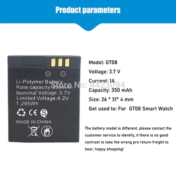 5-20PCS), 3,7 V 350mAh Įkraunamas Ličio jonų polimerų akumuliatorius Tik GT08 Smart Watch Baterija Žiūrėti Skaldytų Ląstelių baterija Pakeisti