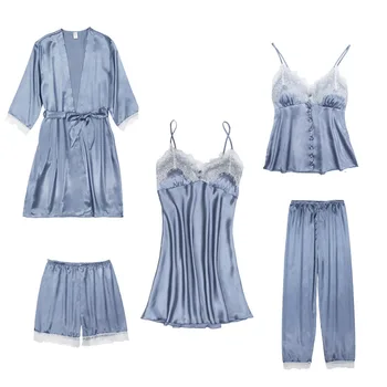 5 Vnt Moterų Pižama Nustatyti Vasaros Kietas Sexy Nėrinių Sleepwear Dirbtiniais Šilko Plonas Sekcija Satino Pižama Nustatyti Namų Drabužių Pijama Mujer