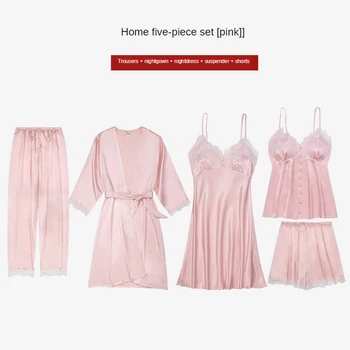 5 Vnt Moterų Pižama Nustatyti Vasaros Kietas Sexy Nėrinių Sleepwear Dirbtiniais Šilko Plonas Sekcija Satino Pižama Nustatyti Namų Drabužių Pijama Mujer