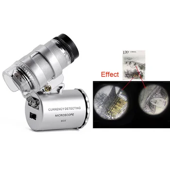60x Mikroskopu didinamasis stiklas, Daugiafunkcinių Mini Su 2 LED UV Suklastotų Funkcija Papuošalai didinamasis stiklas Įrankis Su Byla
