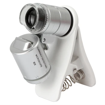 60X Mini Didinamojo stiklo,Clip Plataus Kampo Didinamojo Stiklo,Mikroskopo Objektyvas Optinio Objektyvo Įrankis su 3 LED Žibintai Universal mobilusis Telefonas