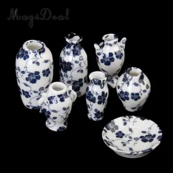 7Pcs/Set 1/12 Miniatiūriniai Lėlių Porceliano ir Kiniškojo porceliano Kinų Porceliano Vaza Mėlyna Vynuogių Lėlių Namų Baldai, Dekoras Žaislai