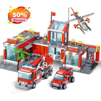 84-774PCS Gaisrinės Pastato Blokus Nustato Ugnies Variklio Kovotojas Sunkvežimių Plytų Playmobil Žaislai Vaikams