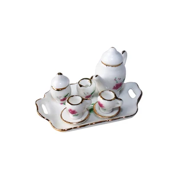 8Pcs 1/12 Miniatiūriniai Lėlių Priedai Mini Keramikos Arbatos Rinkinys Modeliavimas Virdulys Taurės Plokštės Modelis Žaislai Doll House Dekoro
