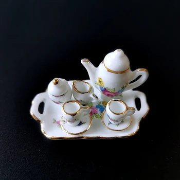 8Pcs 1/12 Miniatiūriniai Lėlių Priedai Mini Keramikos Arbatos Rinkinys Modeliavimas Virdulys Taurės Plokštės Modelis Žaislai Doll House Dekoro