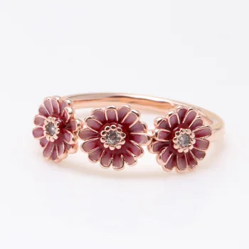 925 Sidabro Kūrybos Rose Gold Tris Rožinė Daisy Chrizantemų Žiedais Moterų Vestuves Dovanų Bižuterijos