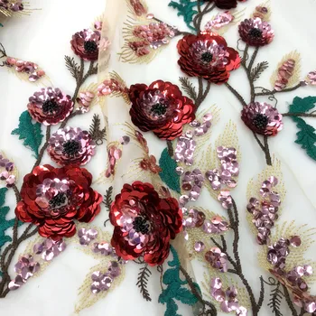 Abrikosų tiulio tinklelio, su raudonais blizgančiais gėlės 3d nėrinių audinys, vakaro suknelės, suknelės priėmimo 2020 NAUJAS 1 kiemas