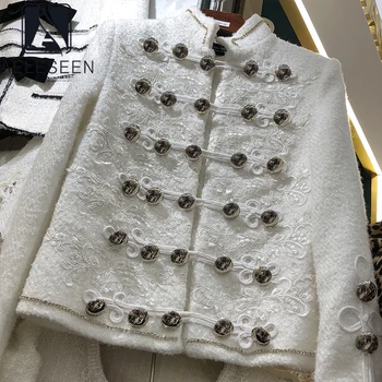 AELESEEN Dizainerio Mados Moterų Rudens ir Žiemos Paltai kilimo ir tūpimo Tako Nauja Juoda Balta Gėlių Siuvinėjimas Mygtuką Nėrinių Office Ponios Kailis