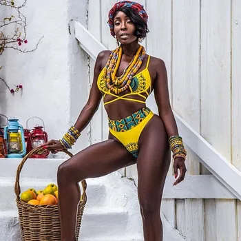 Afrikos Spausdinti Maudymosi Kostiumą, Maudymosi Kostiumėliai Moterims, 2021 Naujas Seksualus Maudymosi Kostiumėlį, Geltona Bikinio Genčių Aukšto Juosmens Bikini Komplektas Maillot De Bain