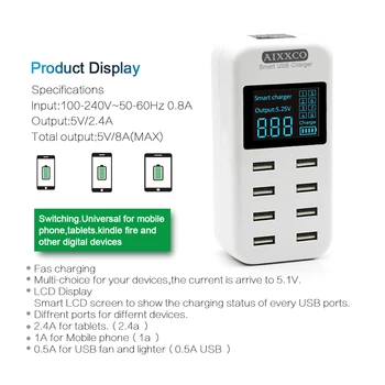 AIXXCO Smart USB Įkroviklį, LED Ekranas, 8 Port 40W Greitai Įkrauti 