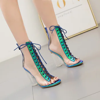 Aišku, Stambusis kulniukai Moterų batai Vasaros Sandalai Seksualus PVC Skaidri Gladiatorių Sandalai Kryžiaus Strappy Peep Toe Bateliai
