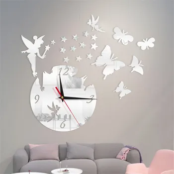 Akrilo Veidrodis Lipdukai Modernaus Dizaino Sieninis Laikrodis Fėja Drugelis 