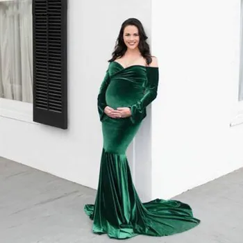 Aksomo Motinystės Suknelės už Nuotrauką Šaudyti Elegantiškas ilgomis Rankovėmis Off Peties Maxi Undinė Nėštumo Suknelė Baby Shower Fotografija