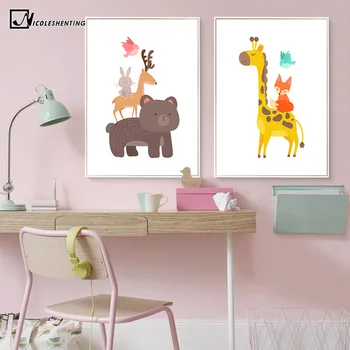 Alaus Žirafa Fox Gyvūnų Plakatas Spaudinių Minimalistinio Sienos Meno Tapybos Drobės Cartoon Vaikų Darželio Nuotrauką Kūdikio Kambarį Apdaila