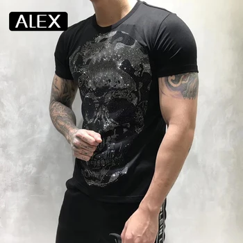 Aleksas Plein marškinėliai vyrams vasaros priežastinis medvilnės kaukoles kalnų krištolas streetwear trumpas rankovės hiphop apvalios kaklo vyrų drabužių mados nauja