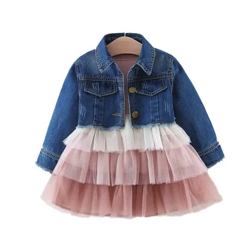 Alice 2019 Mergaitės džinsinio audinio top kostiumas vaikų pavasario ir rudens princesė pyragas tinklelio suknelė drabužių rinkiniai, vaikams drabužiai