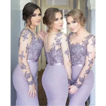Alyvinė, Violetinė ilgomis Rankovėmis Iliuzija Bridesmaid Dresses Undinė Satin Plus Size 2020 Nėrinių Tarnaitė Garbės Vestuves Chalatai