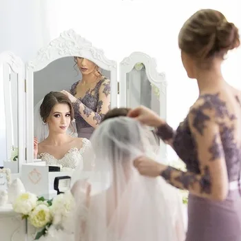 Alyvinė, Violetinė ilgomis Rankovėmis Iliuzija Bridesmaid Dresses Undinė Satin Plus Size 2020 Nėrinių Tarnaitė Garbės Vestuves Chalatai