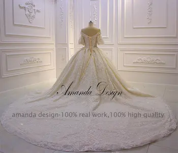 Amanda Dizaino gelinlik 2019 Off Peties Prabangūs Krištolo Šampano Sluoksniuotos Rankovėmis Vestuvinė Suknelė