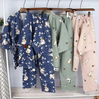 Animaciją Kačių Moterų Pižama, Japonijos Tradicinių Kimono Vyrų Spa Sauna Maudymosi Sleepwear Medvilnės Yukata Harajuku Viršūnes Kelnės Kostiumas