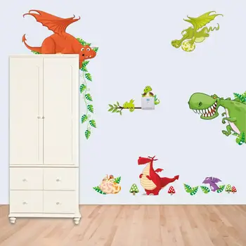 Animacinių filmų dinozaurų zoologijos sodo Sienų Lipduko vaikų kambario miegamojo sienos fone, dekoracijos freskos durų darželio lipdukai spintoje tapetai