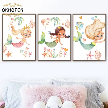 Animacinių filmų Little Mermaid Princess Plakatas Baby Girl Vaikų Miegamasis Apdaila Sienos Meno Tapybos Drobės Šiuolaikinių Namų Puošybai