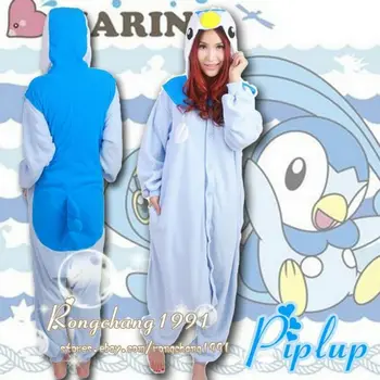 Anime Pokemon Eiti Piplup Onesie Gyvūnų Modelio Jumpsuit Suaugusiųjų Sleepwear Polar Fleece Pižama mėlyna pingvinas cosplay